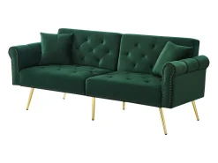 Sofá-cama reto de 2 lugares em veludo verde, encosto rebatível em 3 posições - 173x75x70cm