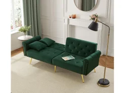 Sofá-cama reto de 2 lugares em veludo verde, encosto rebatível em 3 posições - 173x75x70cm