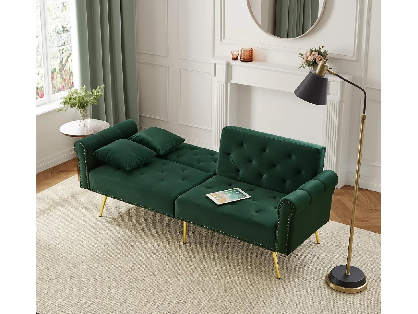 Sofá-cama reto de 2 lugares em veludo verde, encosto rebatível em 3 posições - 173x75x70cm