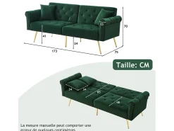 Sofá-cama reto de 2 lugares em veludo verde, encosto rebatível em 3 posições - 173x75x70cm