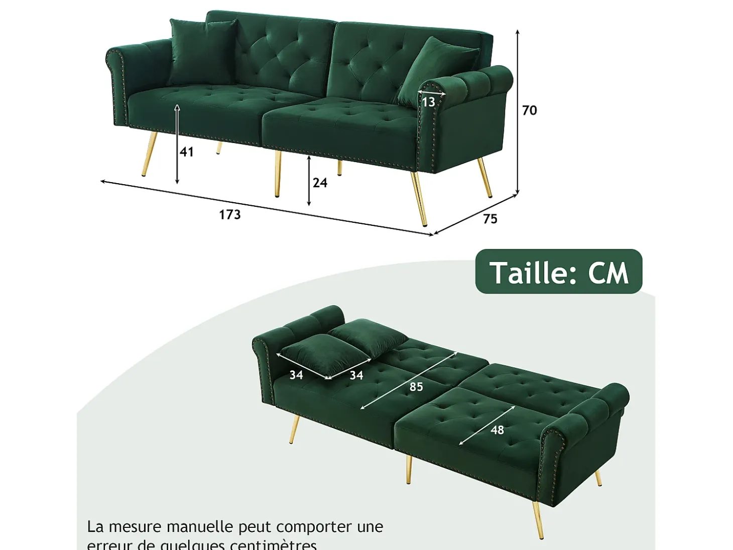 Sofá-cama reto de 2 lugares em veludo verde, encosto rebatível em 3 posições - 173x75x70cm