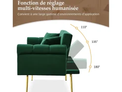 Sofá-cama reto de 2 lugares em veludo verde, encosto rebatível em 3 posições - 173x75x70cm