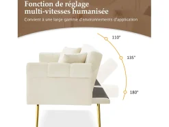 Sofá-cama reto de 2 lugares em veludo bege, encosto rebatível em 3 posições - 173x75x70cm