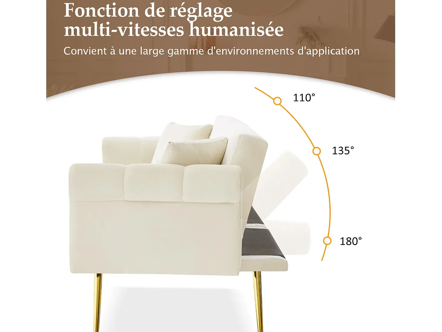 Sofá-cama reto de 2 lugares em veludo bege, encosto rebatível em 3 posições - 173x75x70cm