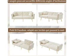 Sofá-cama reto de 2 lugares em veludo bege, encosto rebatível em 3 posições - 173x75x70cm