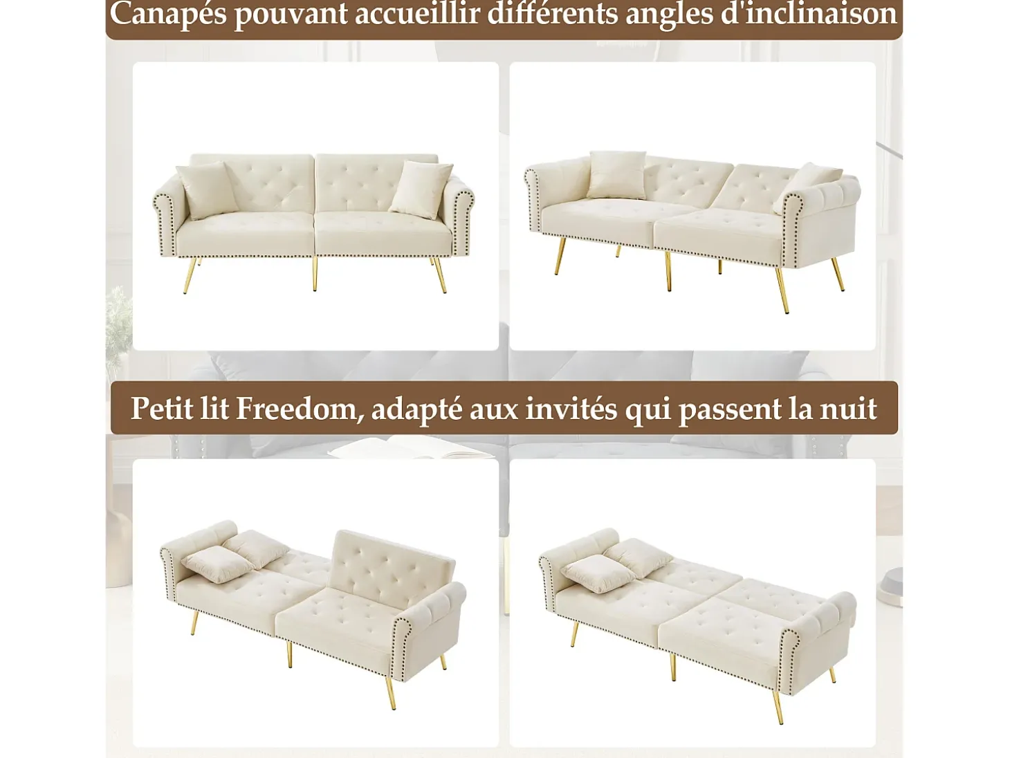 Sofá-cama reto de 2 lugares em veludo bege, encosto rebatível em 3 posições - 173x75x70cm