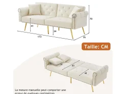 Sofá-cama reto de 2 lugares em veludo bege, encosto rebatível em 3 posições - 173x75x70cm