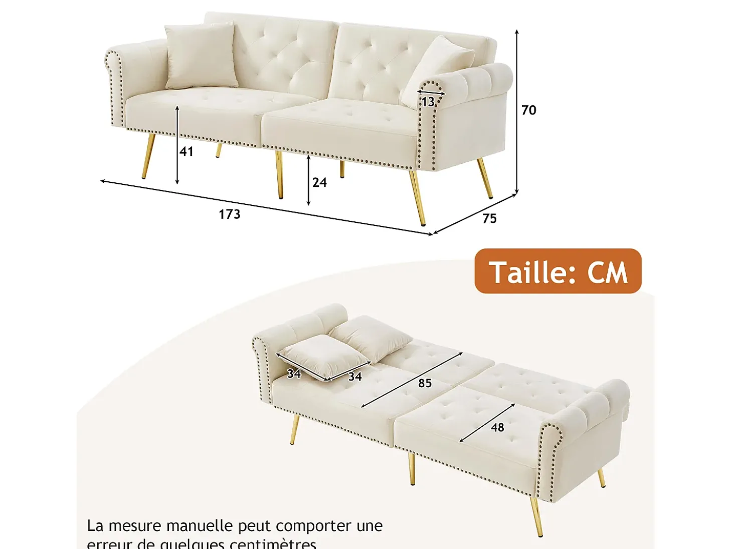 Sofá-cama reto de 2 lugares em veludo bege, encosto rebatível em 3 posições - 173x75x70cm