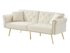 Sofá-cama reto de 2 lugares em veludo bege, encosto rebatível em 3 posições - 173x75x70cm