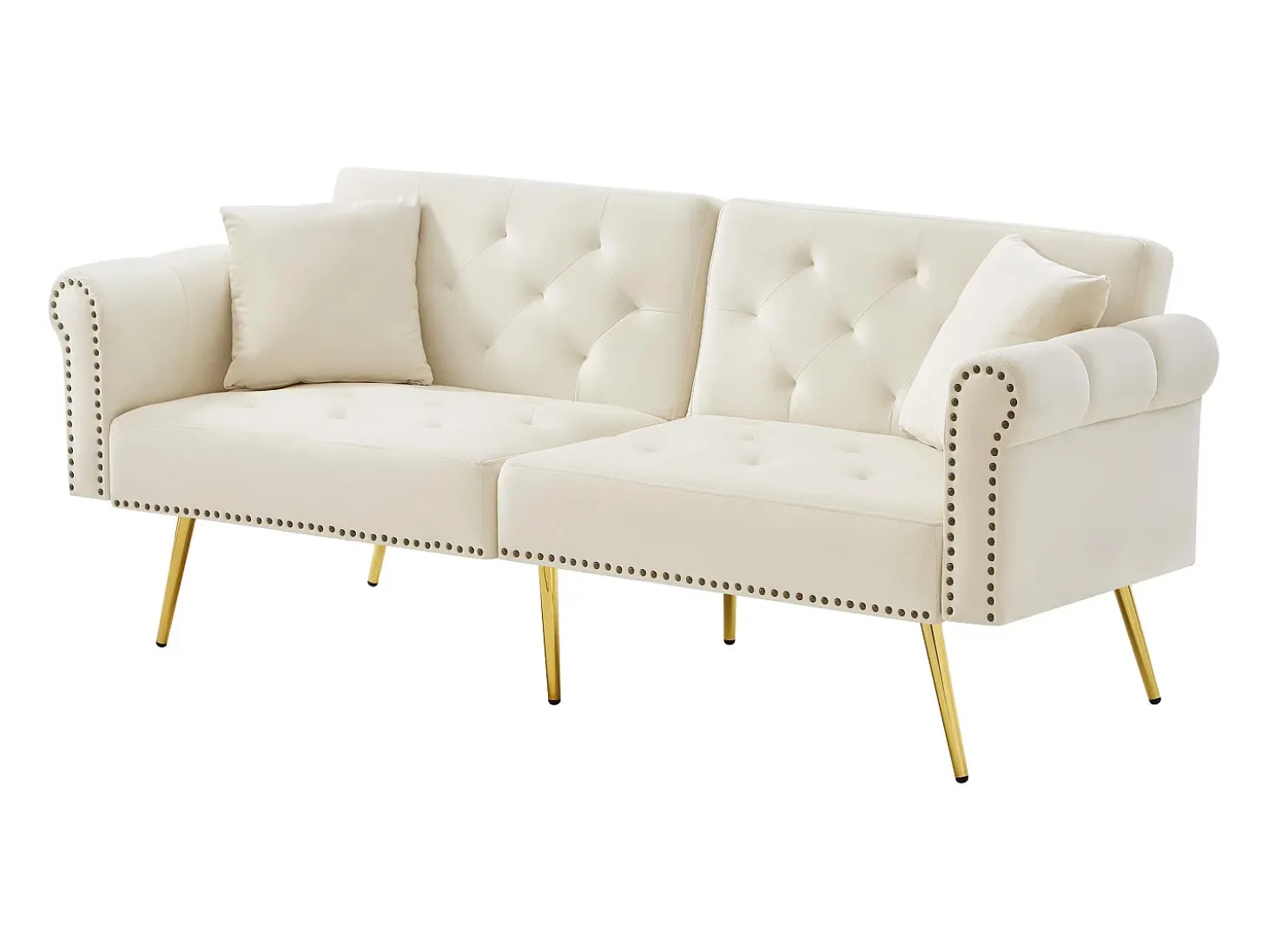 Sofá-cama reto de 2 lugares em veludo bege, encosto rebatível em 3 posições - 173x75x70cm