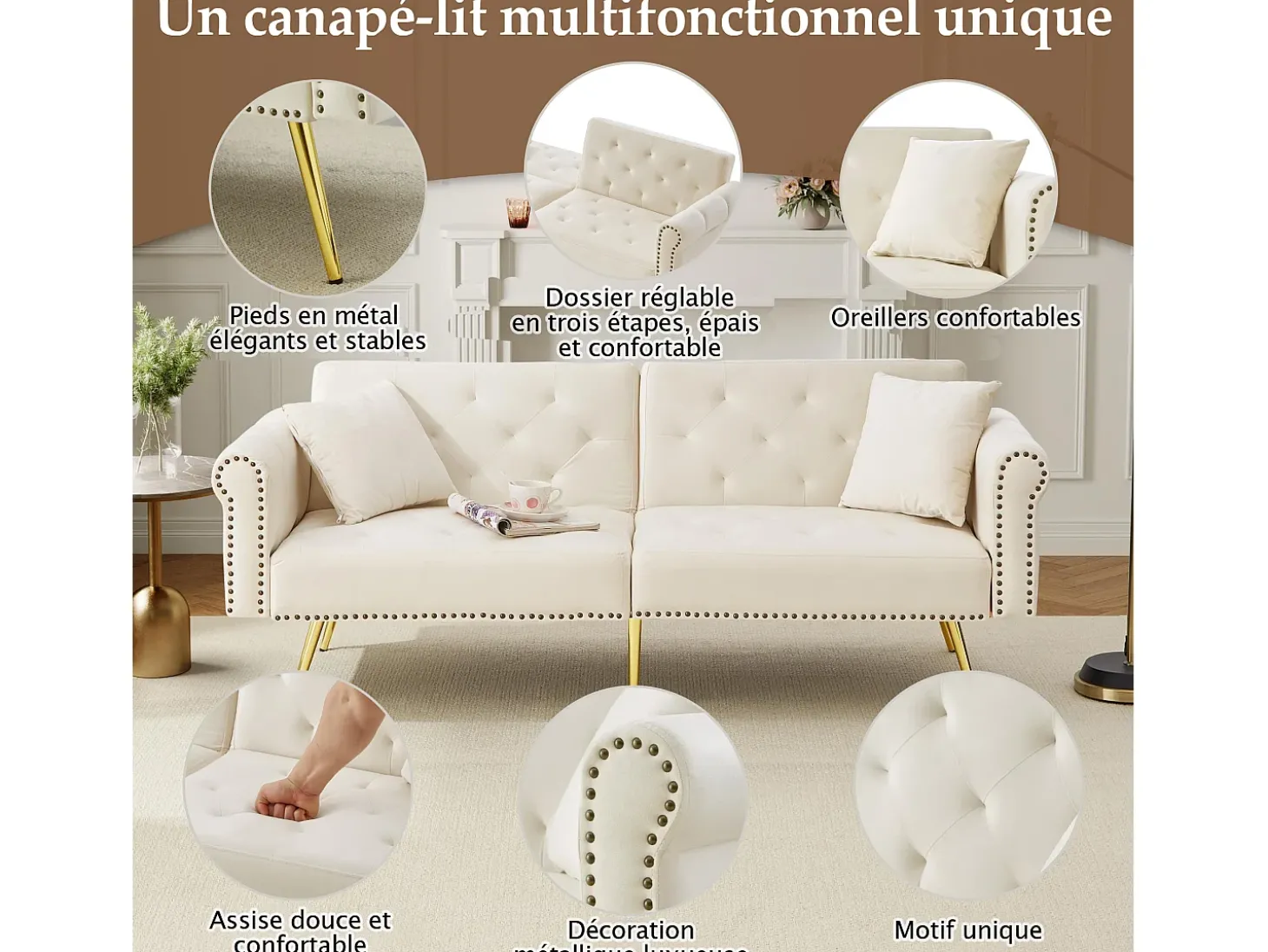 Sofá-cama reto de 2 lugares em veludo bege, encosto rebatível em 3 posições - 173x75x70cm