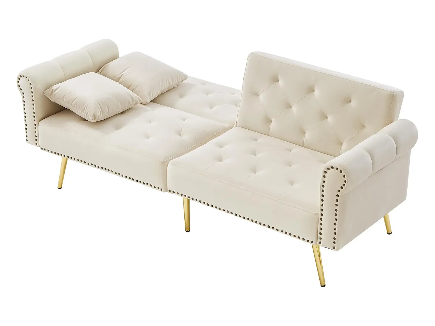 Sofá-cama reto de 2 lugares em veludo bege, encosto rebatível em 3 posições - 173x75x70cm