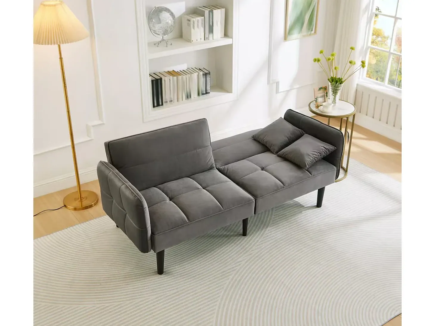 Sofá-cama reto de 2 lugares em veludo cinza com pés de madeira preta, encosto dobrável - 176x78x76cm
