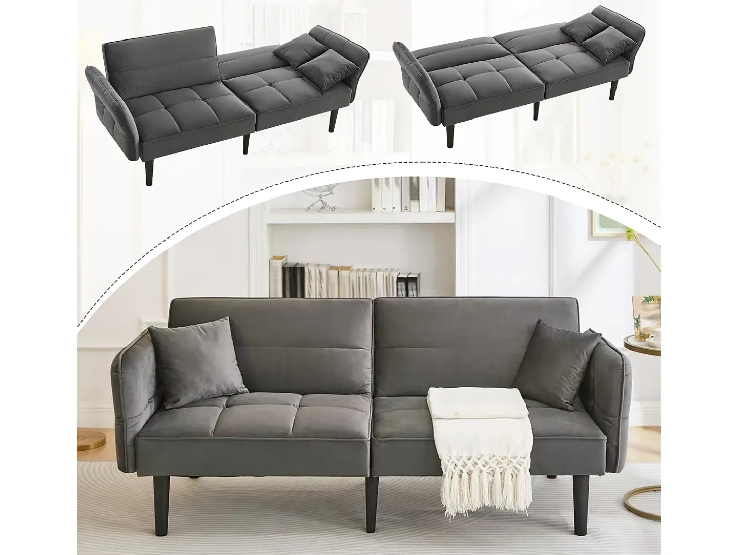 Sofá-cama reto de 2 lugares em veludo cinza com pés de madeira preta, encosto dobrável - 176x78x76cm