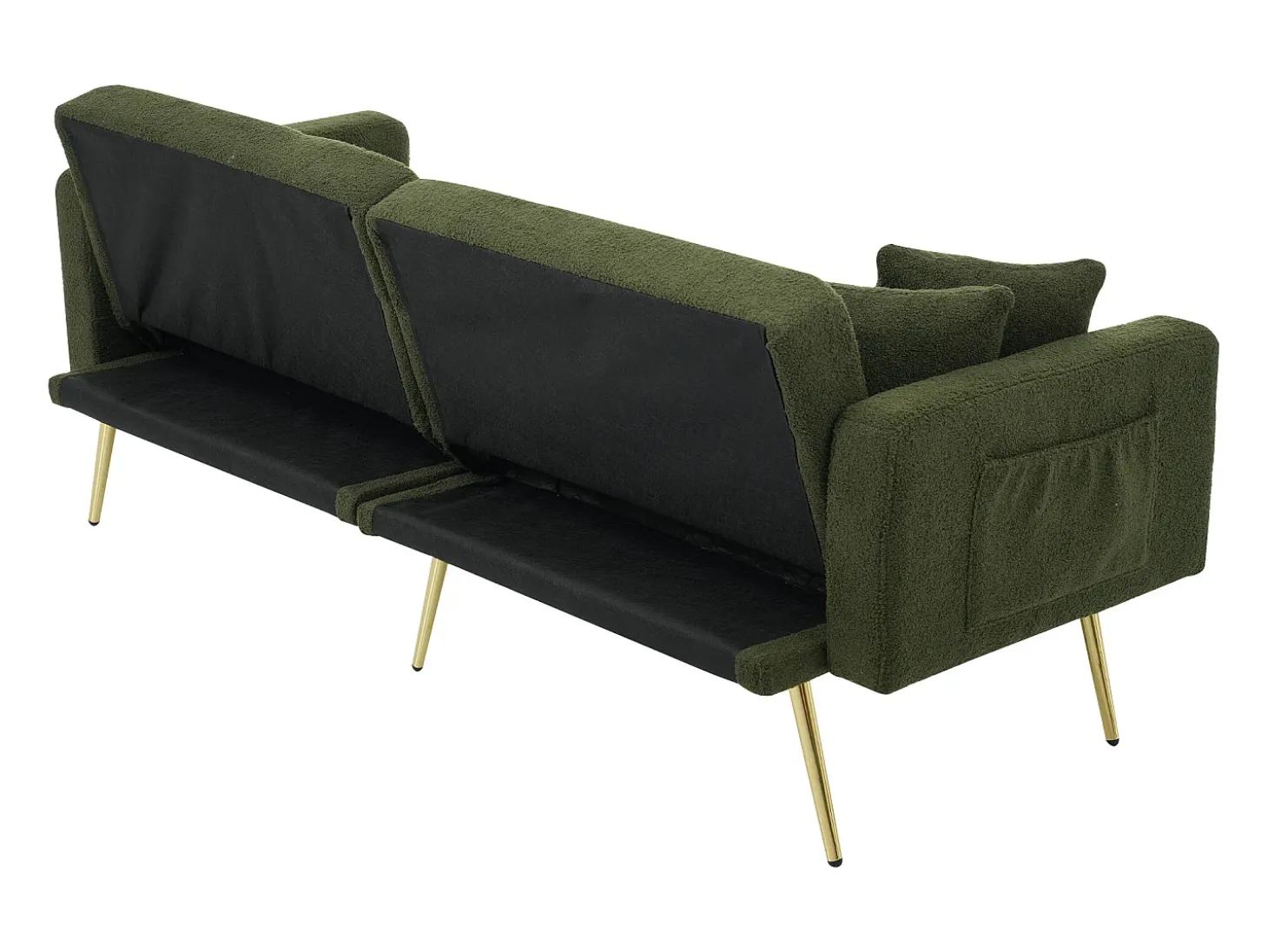 Sofá-cama reto de 2 lugares em sherpa verde, encosto dobrável em 3 posições - 175x64x72cm