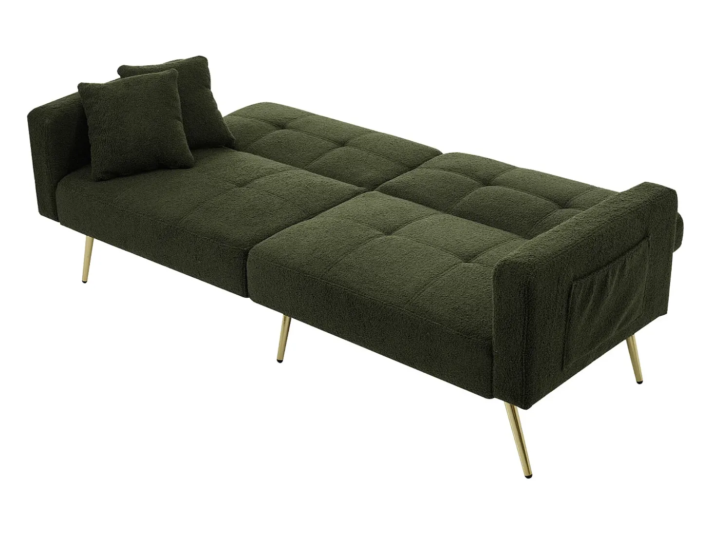 Sofá-cama reto de 2 lugares em sherpa verde, encosto dobrável em 3 posições - 175x64x72cm