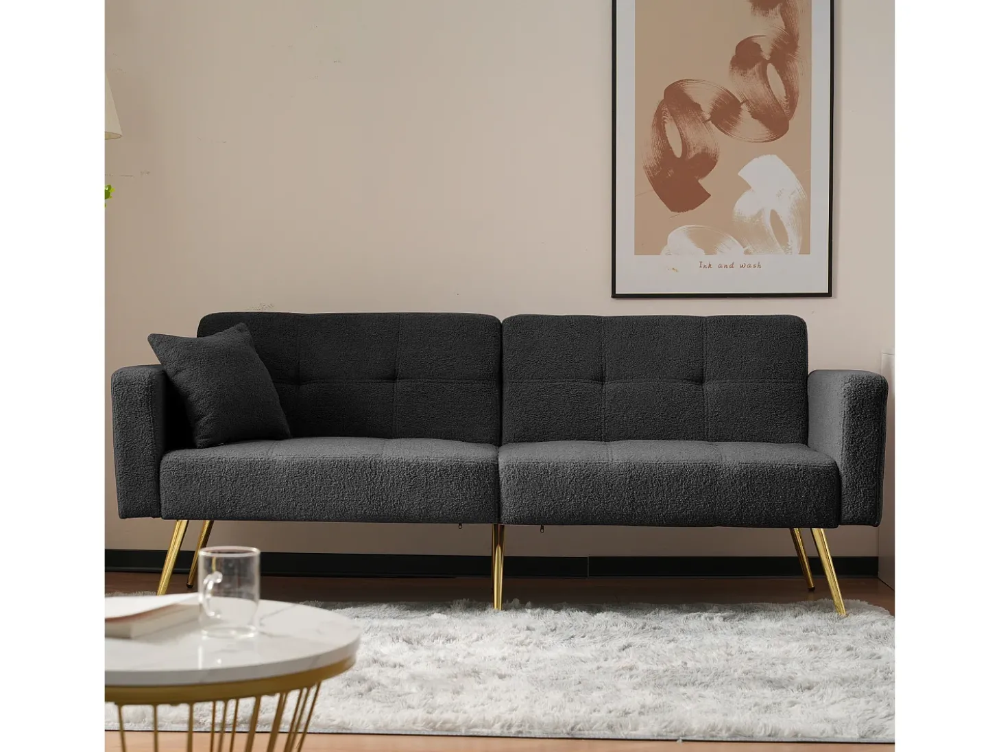 Sofá-cama reto de 2 lugares em sherpa cinza, encosto dobrável em 3 posições - 175x64x72cm