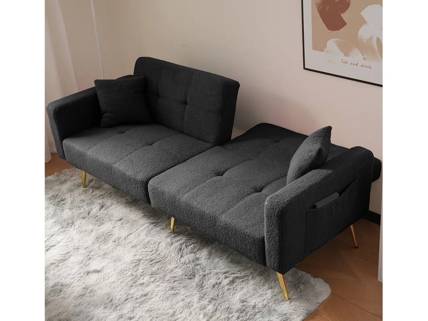 Sofá-cama reto de 2 lugares em sherpa cinza, encosto dobrável em 3 posições - 175x64x72cm