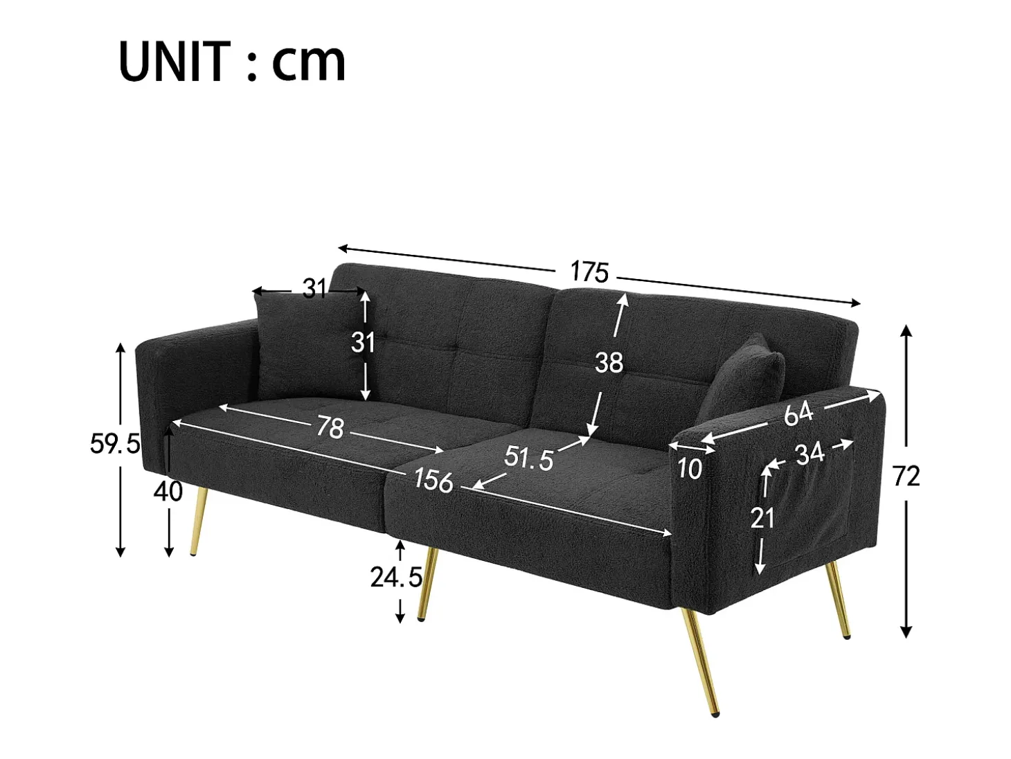Sofá-cama reto de 2 lugares em sherpa cinza, encosto dobrável em 3 posições - 175x64x72cm