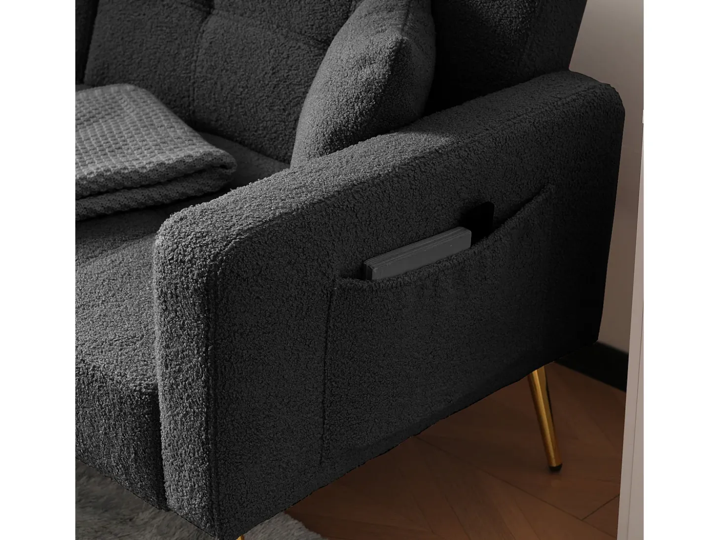 Sofá-cama reto de 2 lugares em sherpa cinza, encosto dobrável em 3 posições - 175x64x72cm