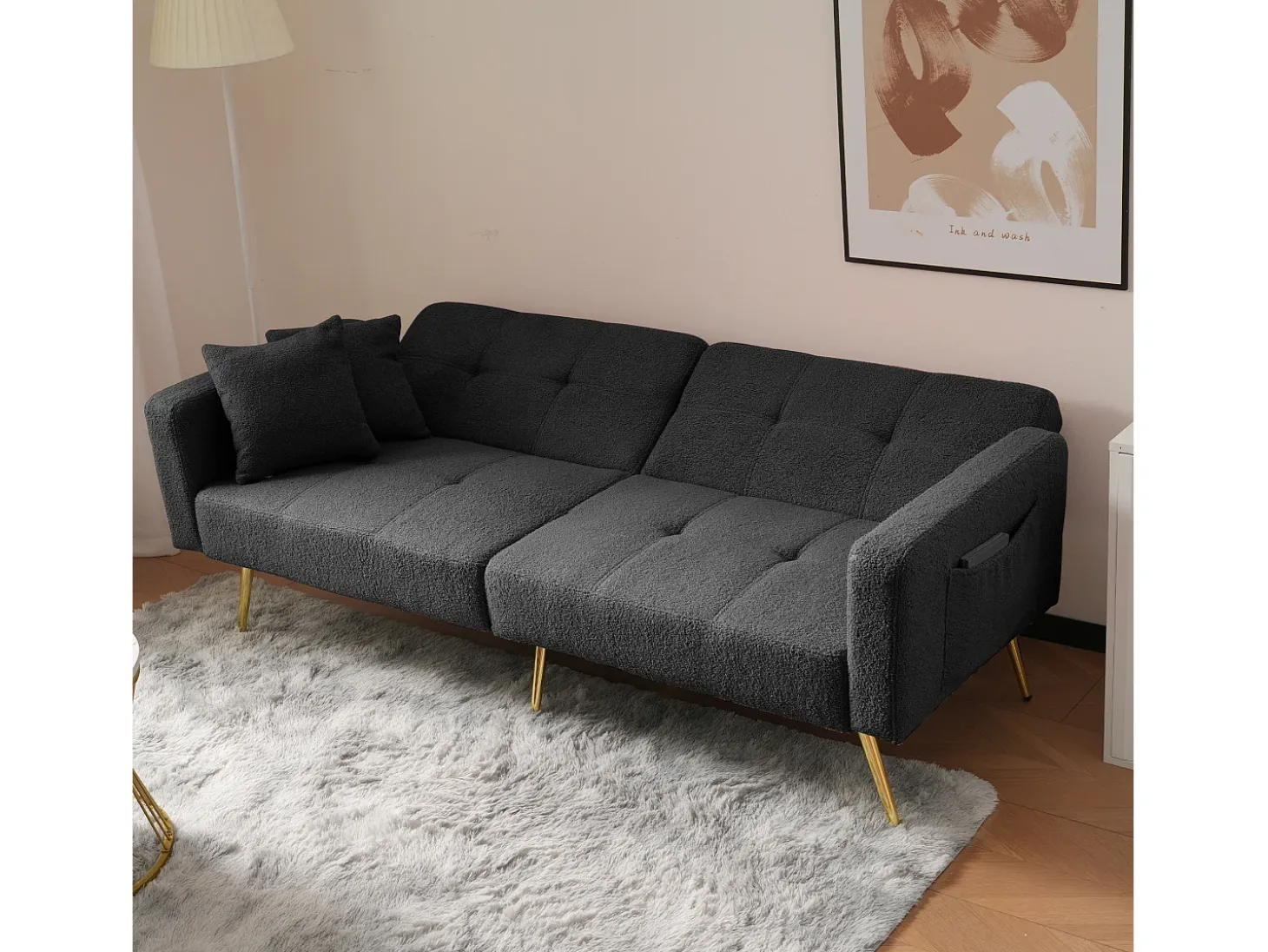 Sofá-cama reto de 2 lugares em sherpa cinza, encosto dobrável em 3 posições - 175x64x72cm