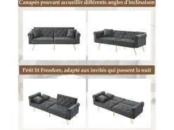 Sofá-cama reto de 2 lugares em veludo cinza, encosto rebatível em 3 posições - 173x75x70cm