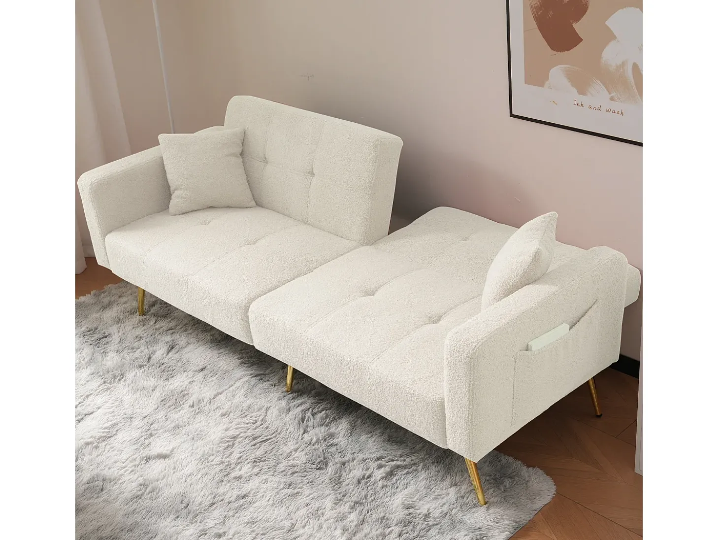 Sofá-cama reto de 2 lugares em sherpa branca, encosto dobrável em 3 posições - 175x64x72cm