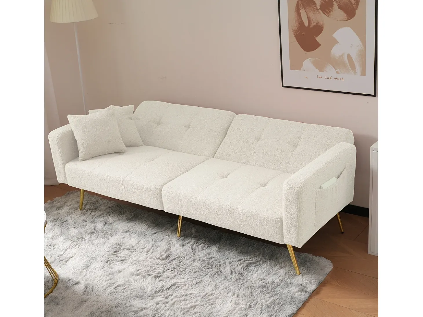 Sofá-cama reto de 2 lugares em sherpa branca, encosto dobrável em 3 posições - 175x64x72cm
