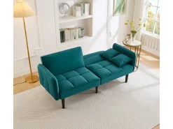 Sofá-cama reto de 2 lugares em veludo verde com pés de madeira preta, encosto dobrável - 176x78x76cm