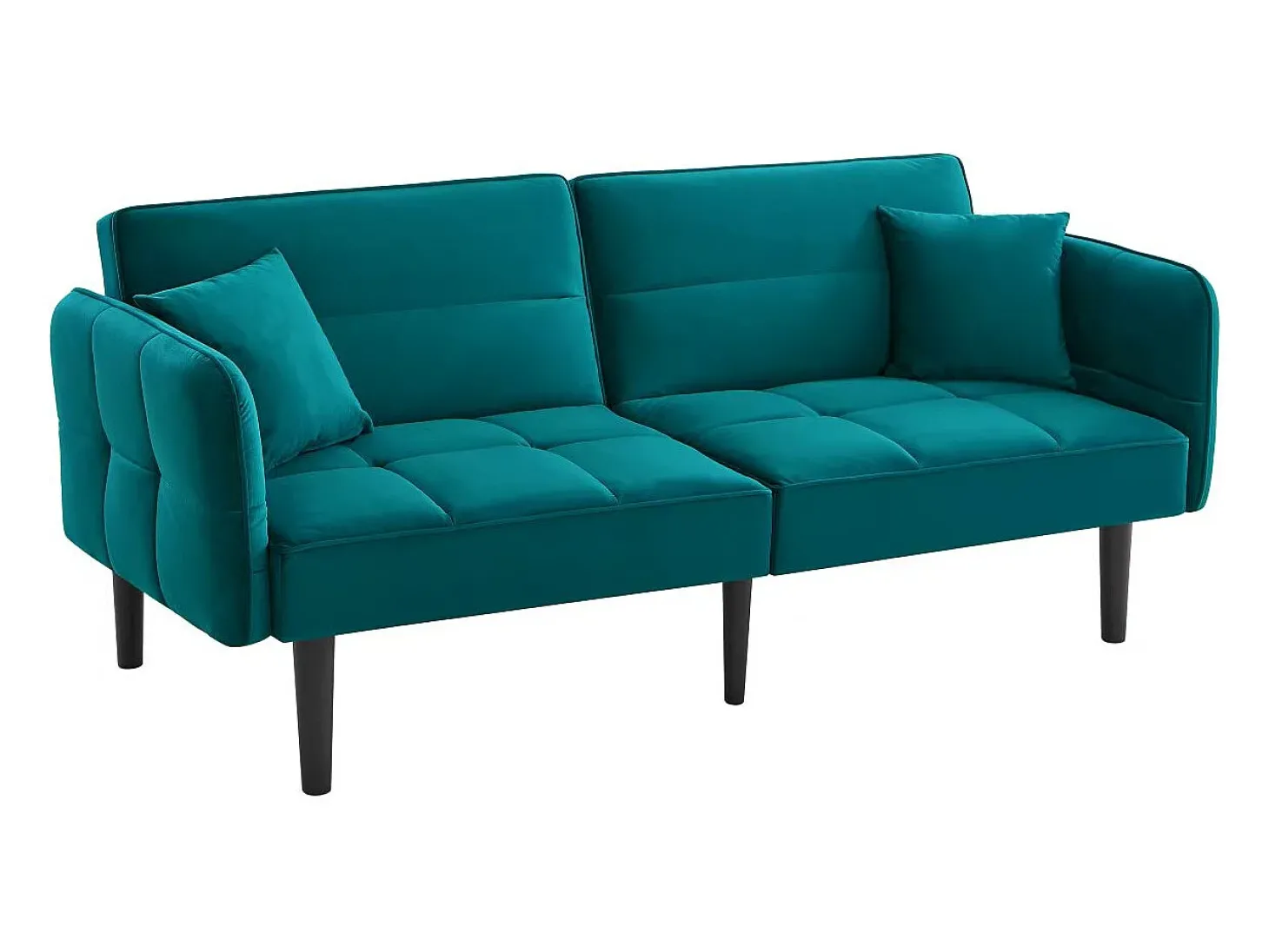 Sofá-cama reto de 2 lugares em veludo verde com pés de madeira preta, encosto dobrável - 176x78x76cm