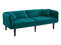 Sofá-cama reto de 2 lugares em veludo verde com pés de madeira preta, encosto dobrável - 176x78x76cm