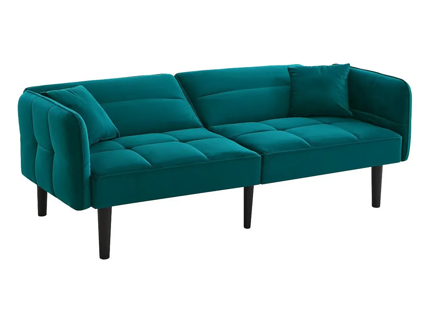 Sofá-cama reto de 2 lugares em veludo verde com pés de madeira preta, encosto dobrável - 176x78x76cm