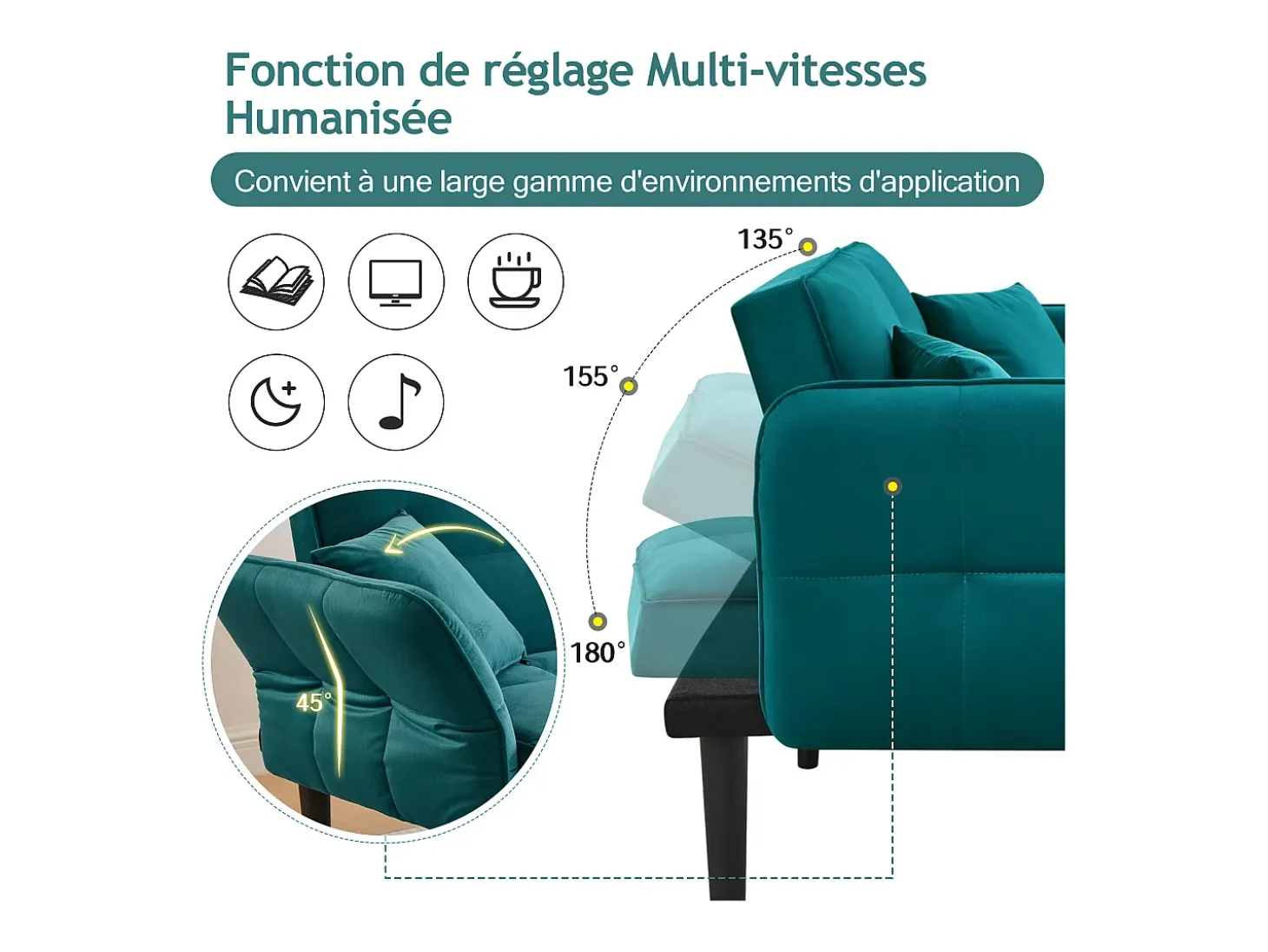Sofá-cama reto de 2 lugares em veludo verde com pés de madeira preta, encosto dobrável - 176x78x76cm