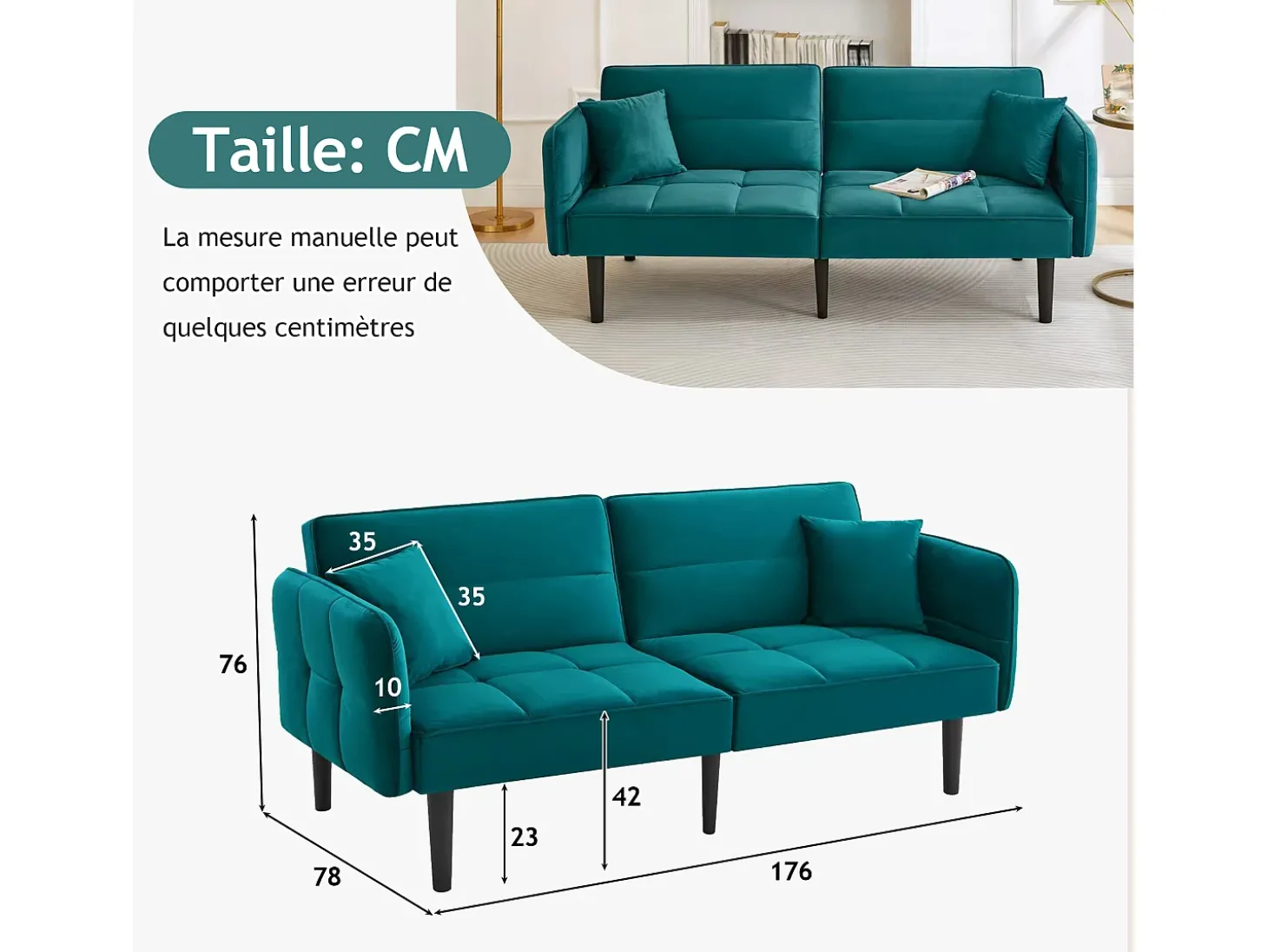 Sofá-cama reto de 2 lugares em veludo verde com pés de madeira preta, encosto dobrável - 176x78x76cm