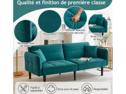Sofá-cama reto de 2 lugares em veludo verde com pés de madeira preta, encosto dobrável - 176x78x76cm