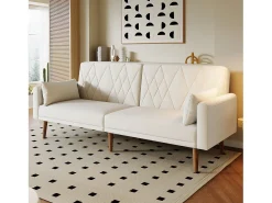 Sofá-cama reto de 2 lugares em veludo bege, 2 almofadas incluídas - 180x75x82cm
