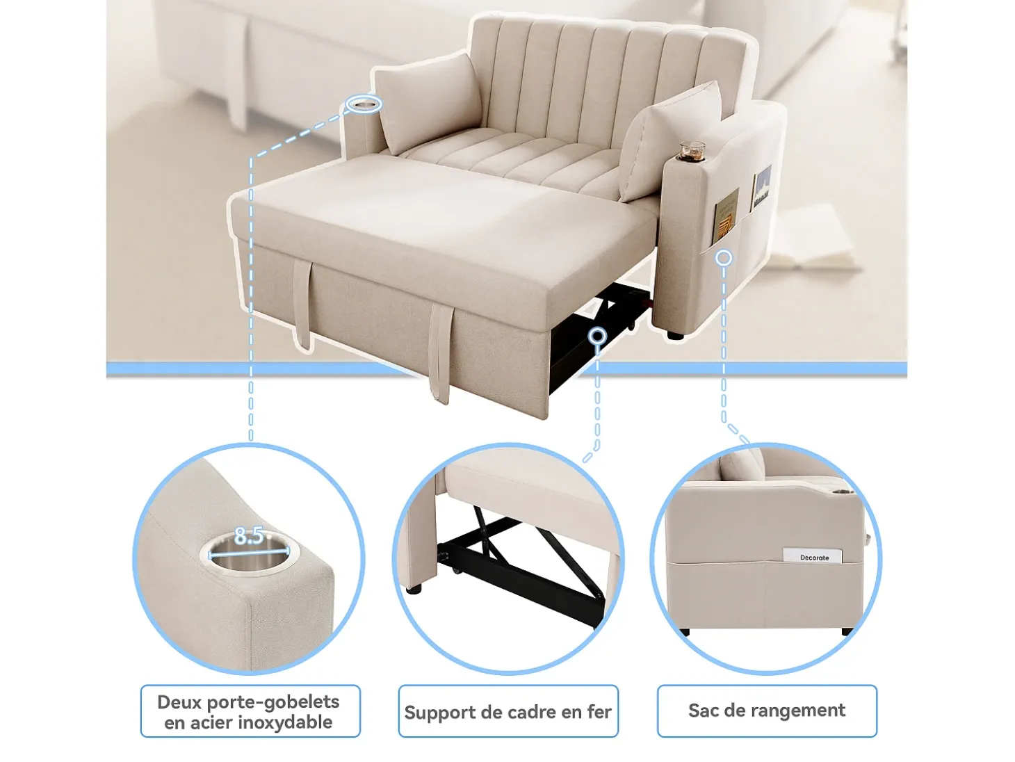 Sofá-cama retrátil - 100 x 160 cm - casal com encosto regulável + com porta + copa e almofadas - bege