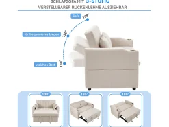 Sofá-cama retrátil - 100 x 160 cm - casal com encosto regulável + com porta + copa e almofadas - bege