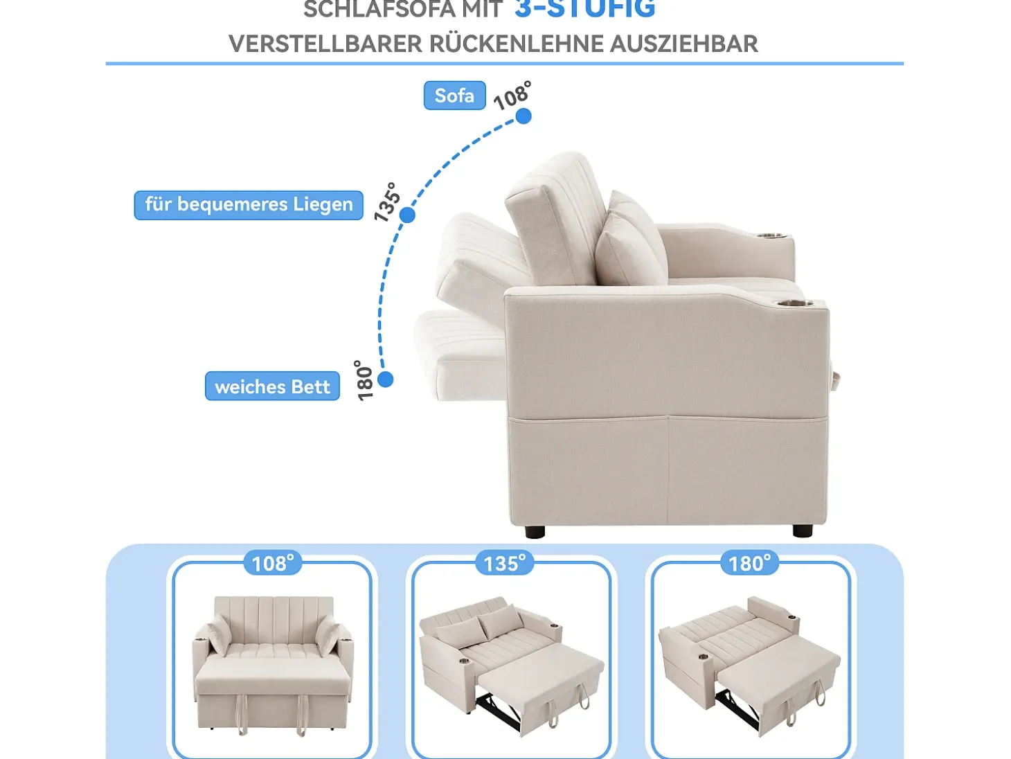 Sofá-cama retrátil - 100 x 160 cm - casal com encosto regulável + com porta + copa e almofadas - bege