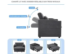 Sofá-cama retrátil - 100 x 160 cm - casal com encosto regulável + com porta + copa e almofadas - cinzento