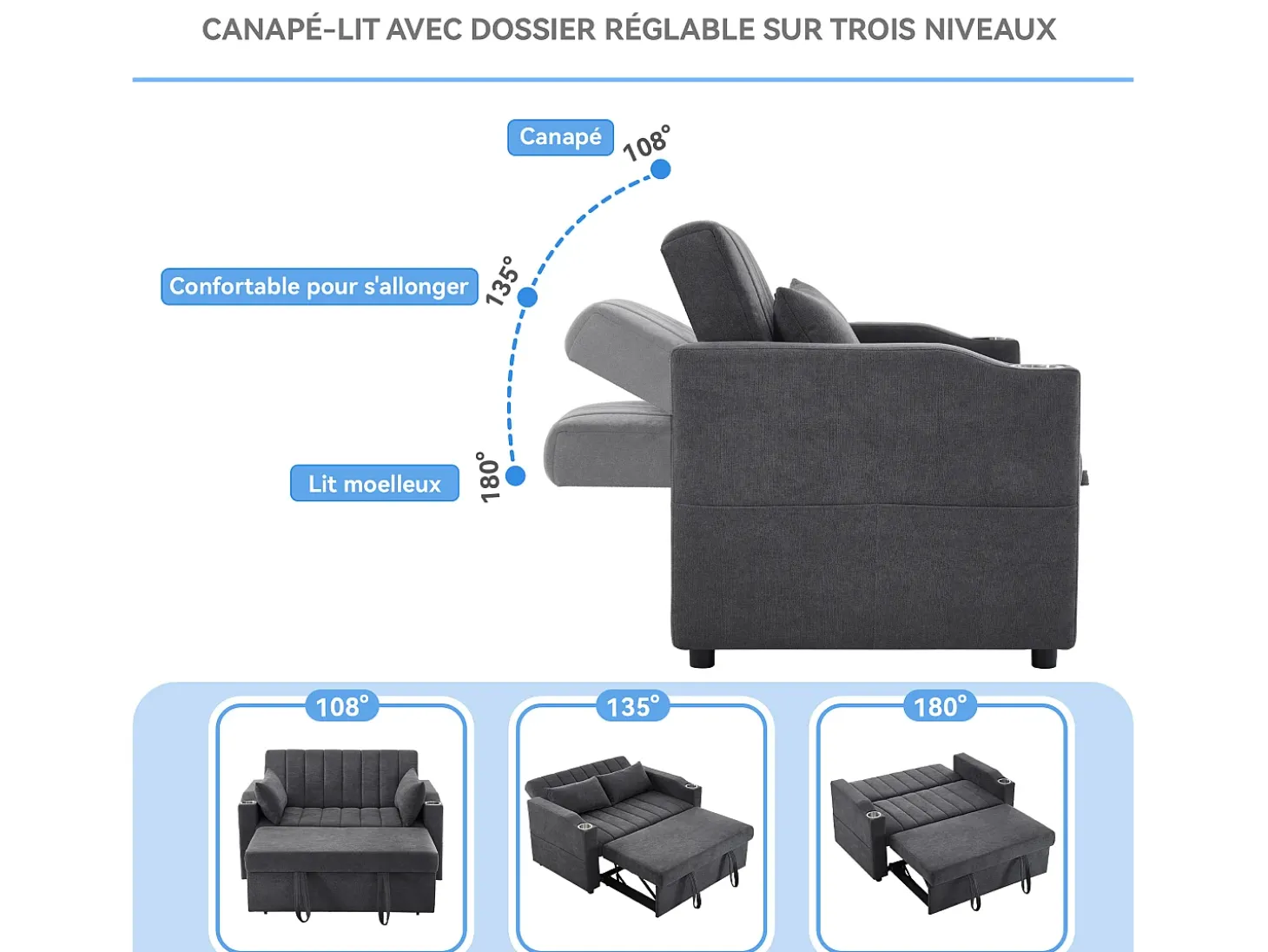 Sofá-cama retrátil - 100 x 160 cm - casal com encosto regulável + com porta + copa e almofadas - cinzento