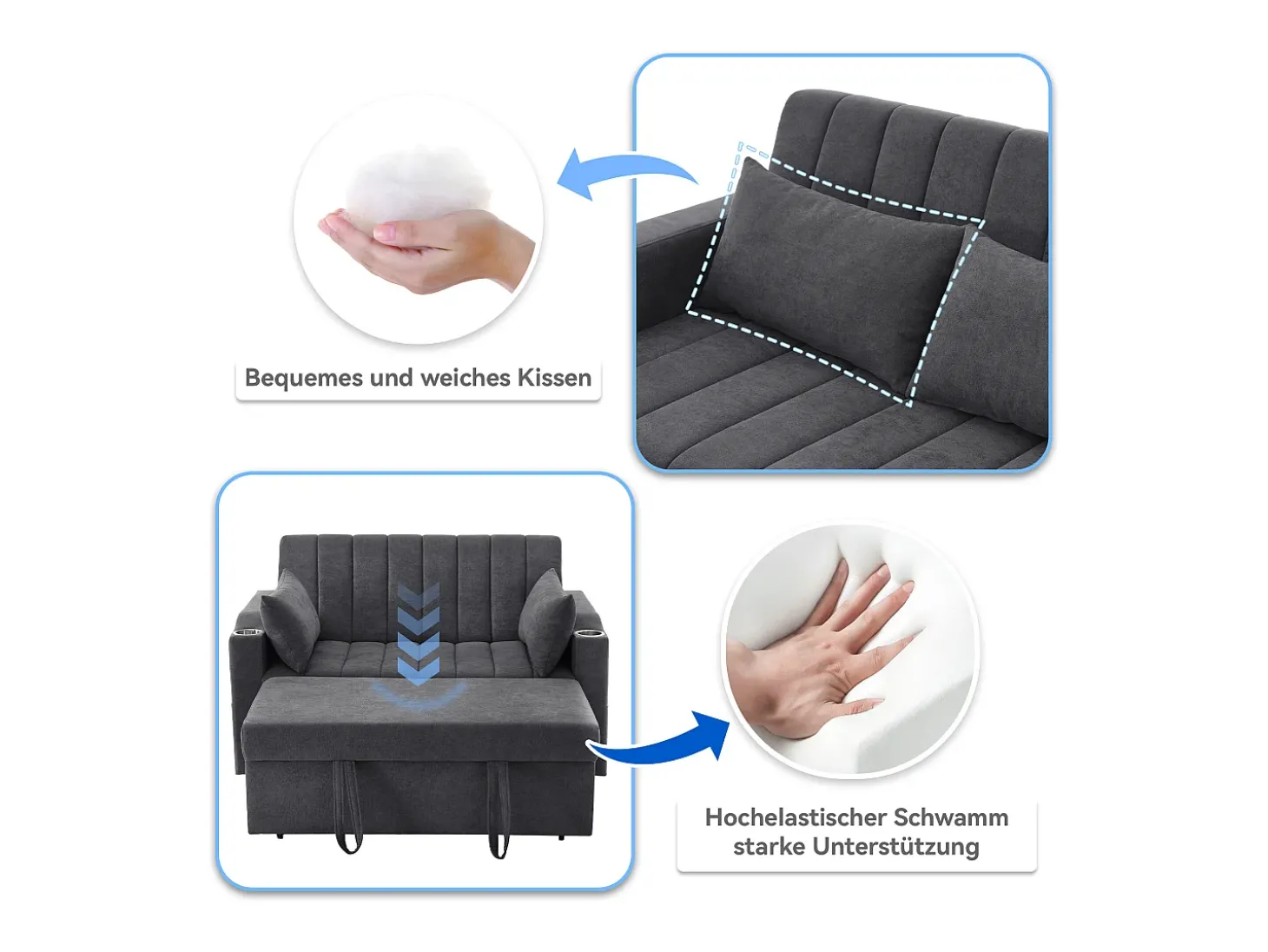 Sofá-cama retrátil - 100 x 160 cm - casal com encosto regulável + com porta + copa e almofadas - cinzento