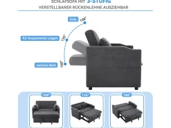 Sofá-cama retrátil - 100 x 160 cm - casal com encosto regulável + com porta + copa e almofadas - cinzento