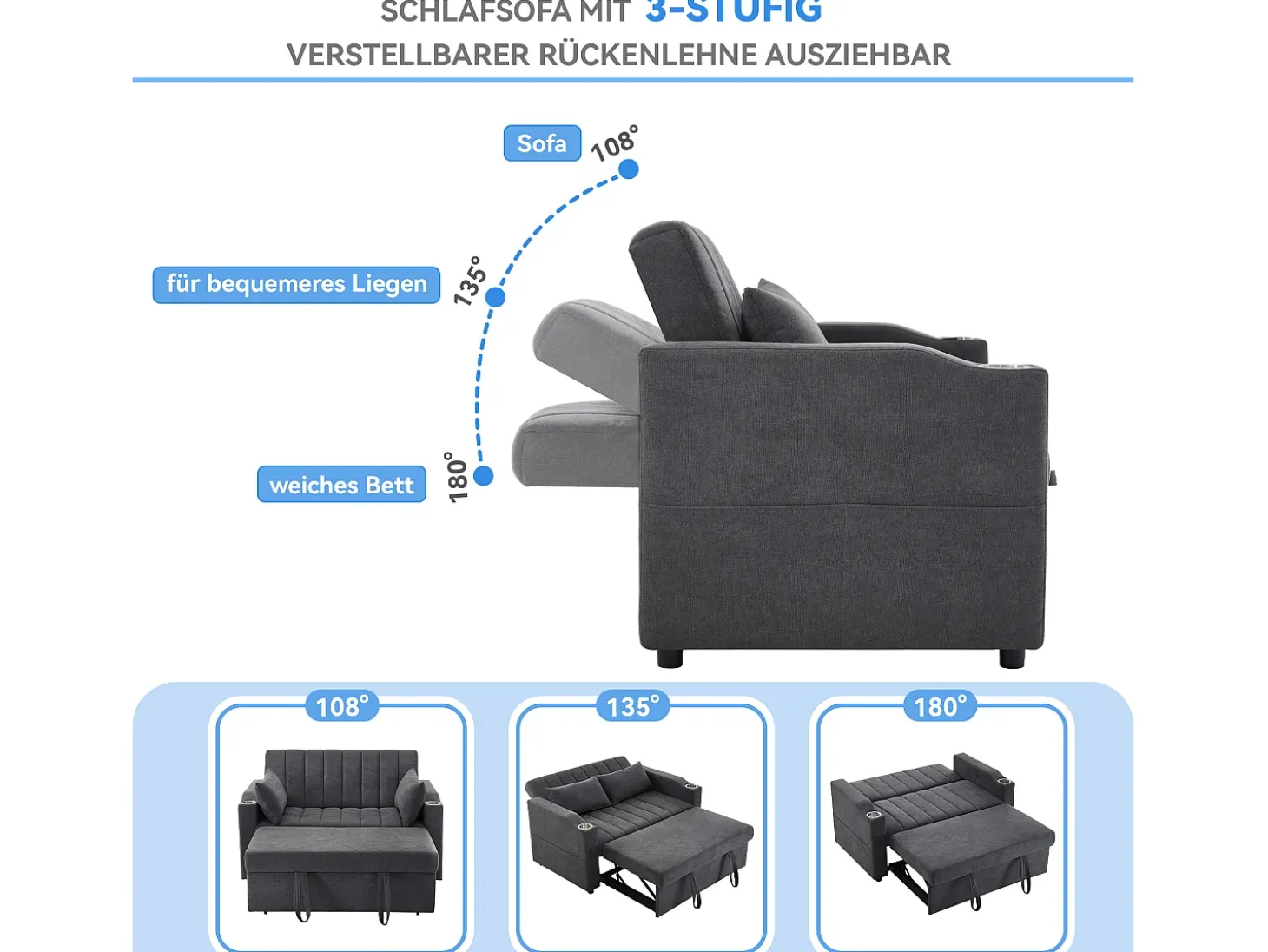 Sofá-cama retrátil - 100 x 160 cm - casal com encosto regulável + com porta + copa e almofadas - cinzento