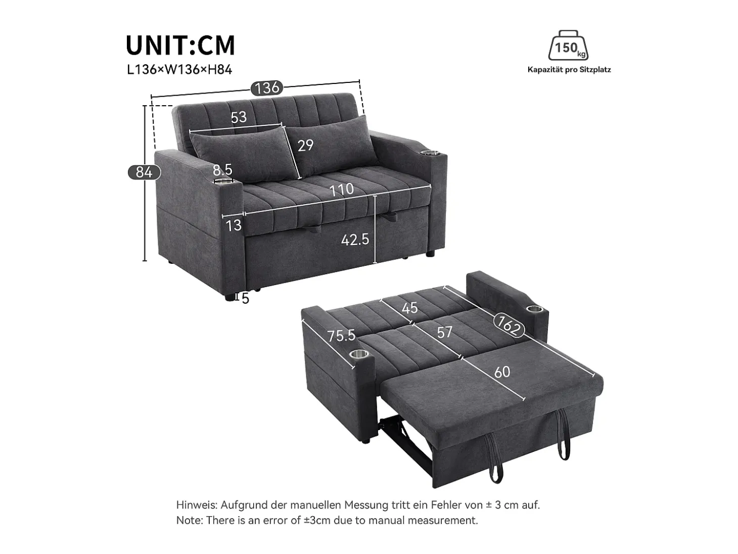 Sofá-cama retrátil - 100 x 160 cm - casal com encosto regulável + com porta + copa e almofadas - cinzento