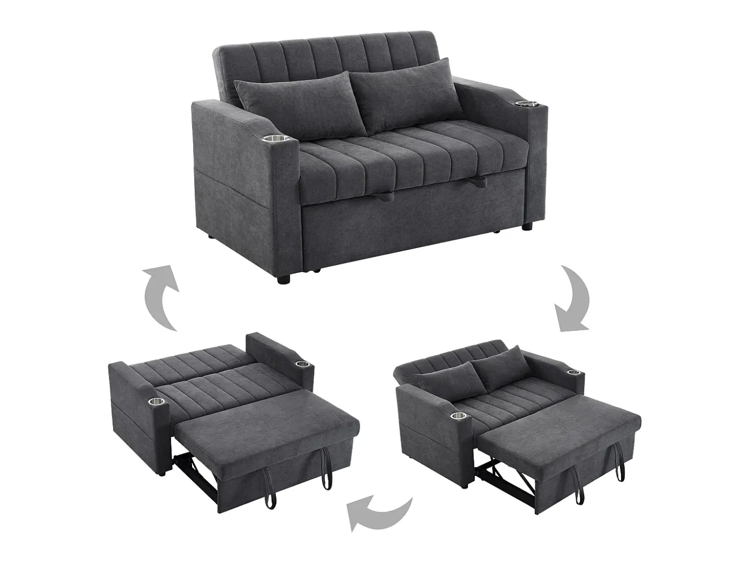 Sofá-cama retrátil - 100 x 160 cm - casal com encosto regulável + com porta + copa e almofadas - cinzento