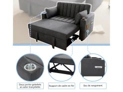 Sofá-cama retrátil - 100 x 160 cm - casal com encosto regulável + com porta + copa e almofadas - cinzento
