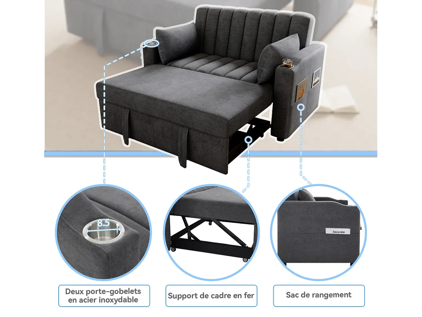 Sofá-cama retrátil - 100 x 160 cm - casal com encosto regulável + com porta + copa e almofadas - cinzento