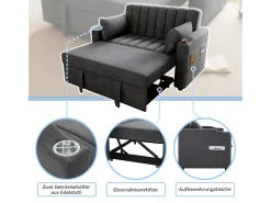 Sofá-cama retrátil - 100 x 160 cm - casal com encosto regulável + com porta + copa e almofadas - cinzento