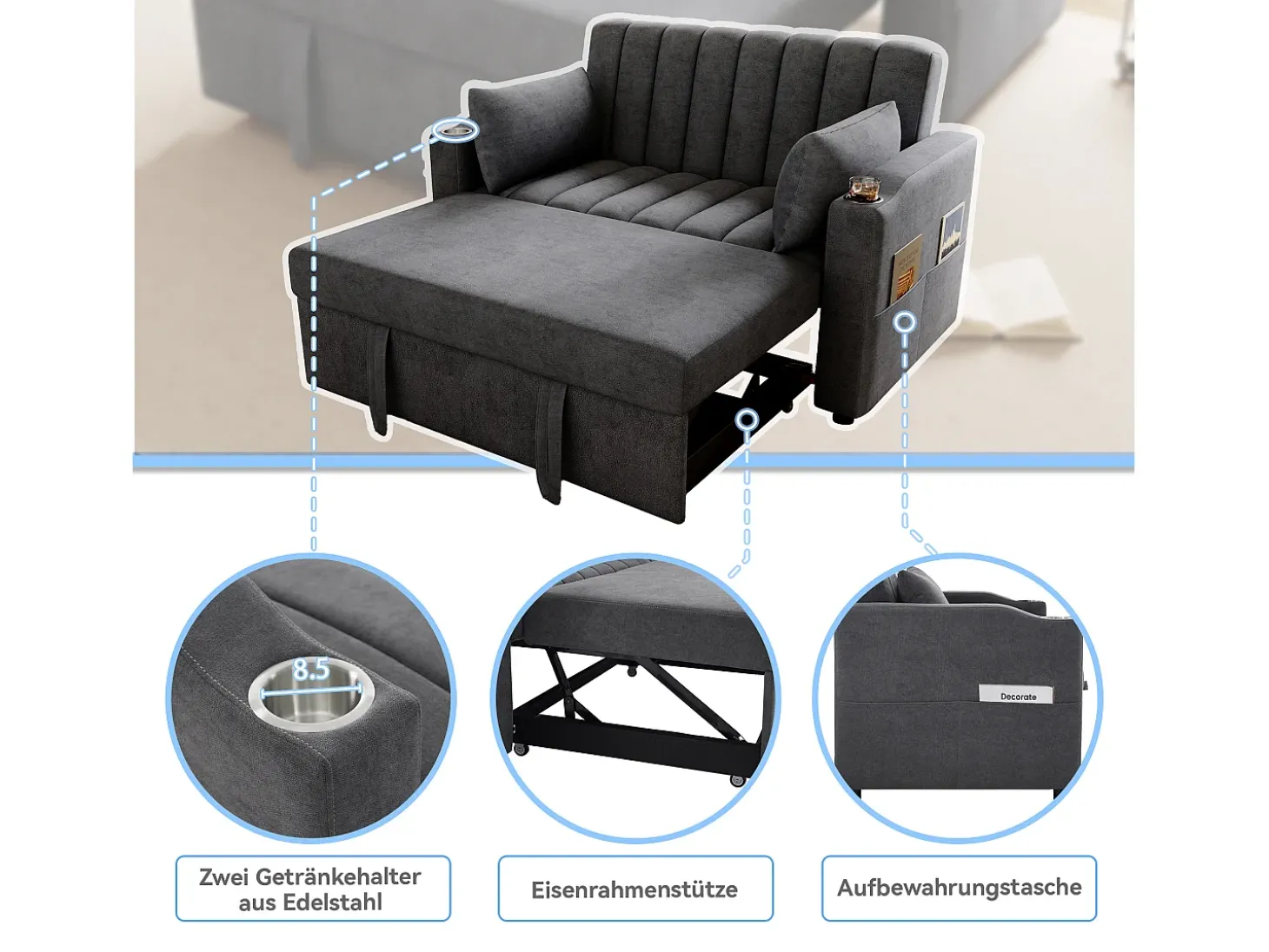 Sofá-cama retrátil - 100 x 160 cm - casal com encosto regulável + com porta + copa e almofadas - cinzento